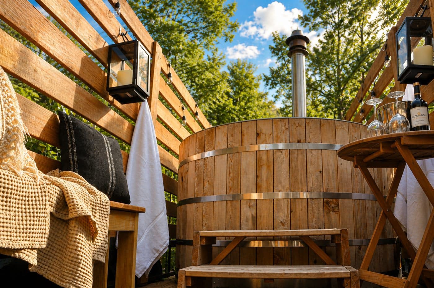 Cedar hot tub at night with the wood-fire chimney against a dusk sky