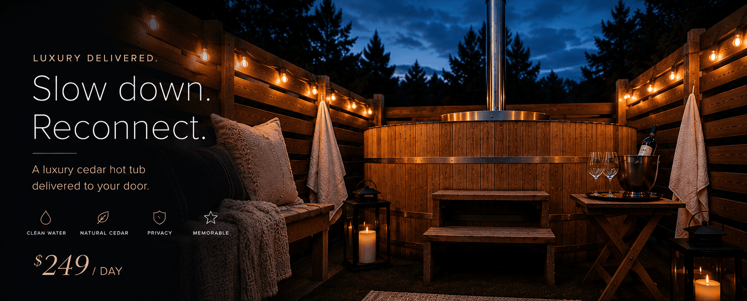 Cedar Soak cedar hot tub set up at dusk with string lights